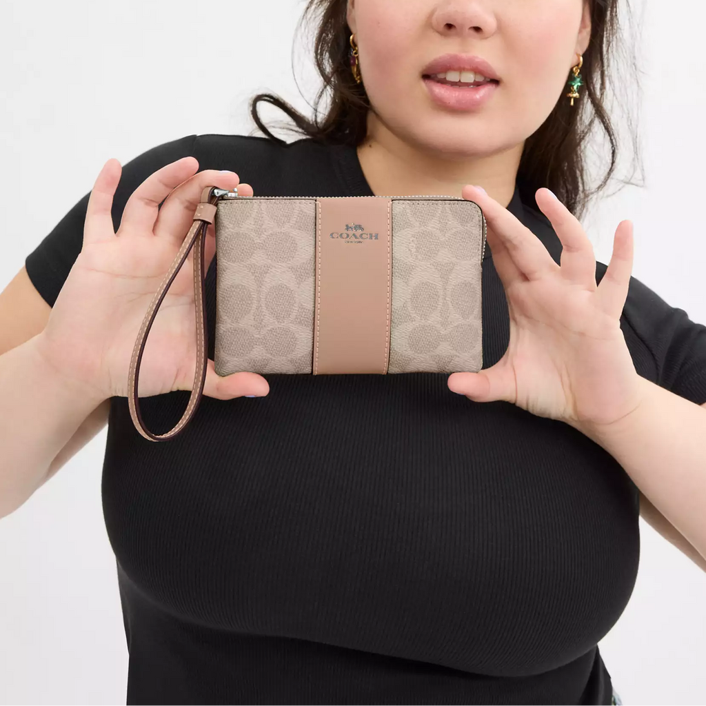 C.O.A.C.H Corner Zip Wristlet In Signature Canvas With Stripe
